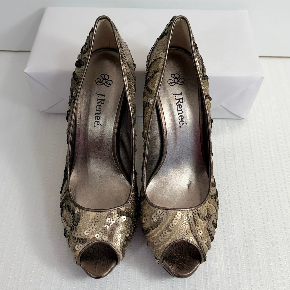 J. Renee Peep Toe Platform Pumps Kenzie 9.5 Bronze Sequin Stiletto Heels Glam - Picture 4 of 8